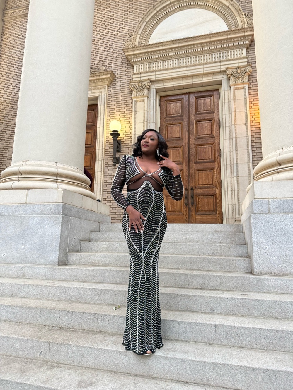 Elegant Black and Silver Beaded Long Sleeve Evening Gown